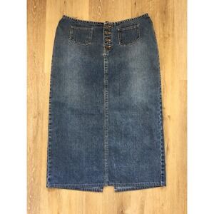Denim Midi Skirt Size 16 Button Front Slit Modest Minimalist Classic Jean Skirt